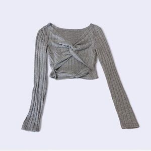 SHEIN Gray Ribbed Twist Front Long Sleeve Crop Top XS